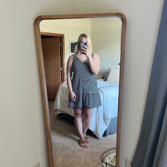LOFT Scalloped Stripe Flounce Dress - Picture 1 of 3